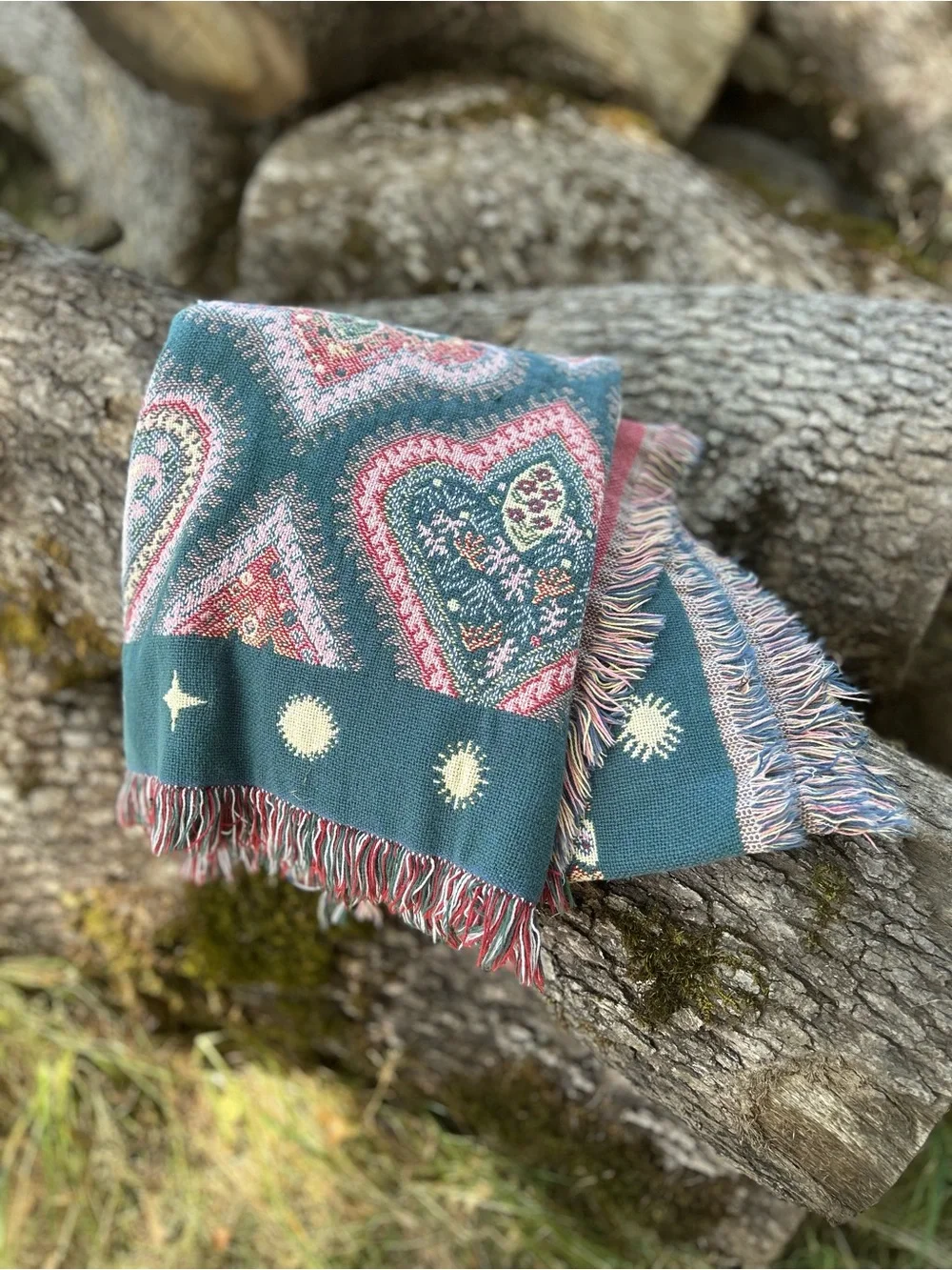 Vintage Patterned Boho Woven Throw Blanket - Teal, Pink, Cream